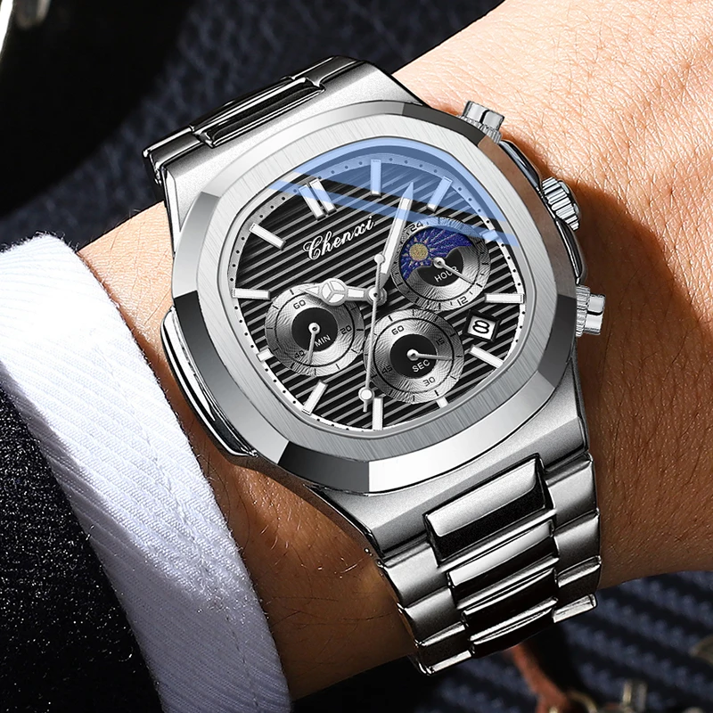 2024 New CHENXI Mens Watches Top Brand Luxury Stainless Steel Chronograph Watch for Men Fashion Sports Quartz Clock Waterproof