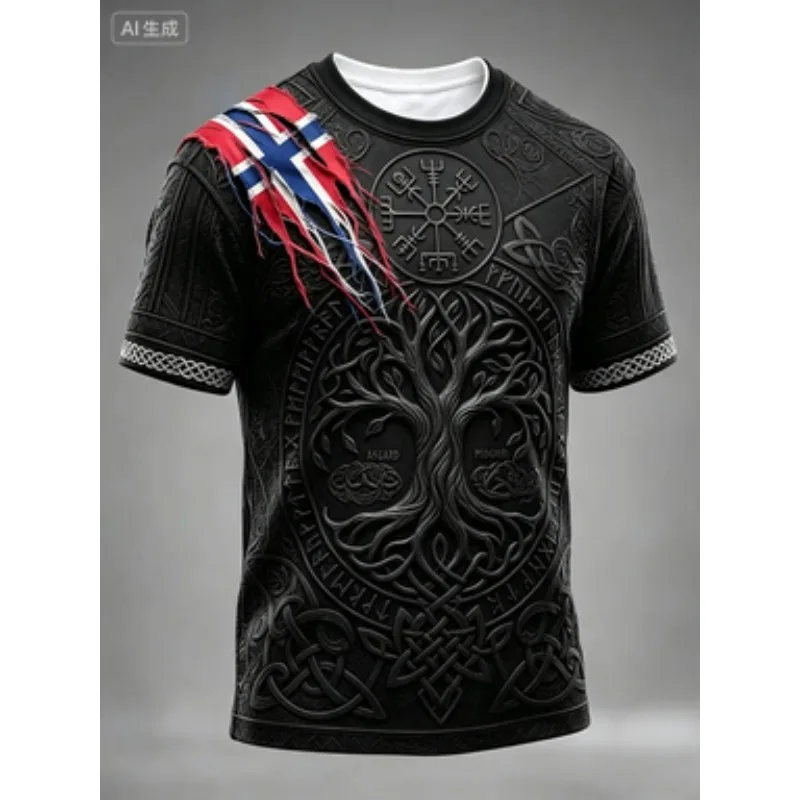 Men Norway Viking Yggdrasil Soccer T-Shirt, Black Tree of Life 3D Embossed Print,Breathable Quick-Dry Casual Sports Tee