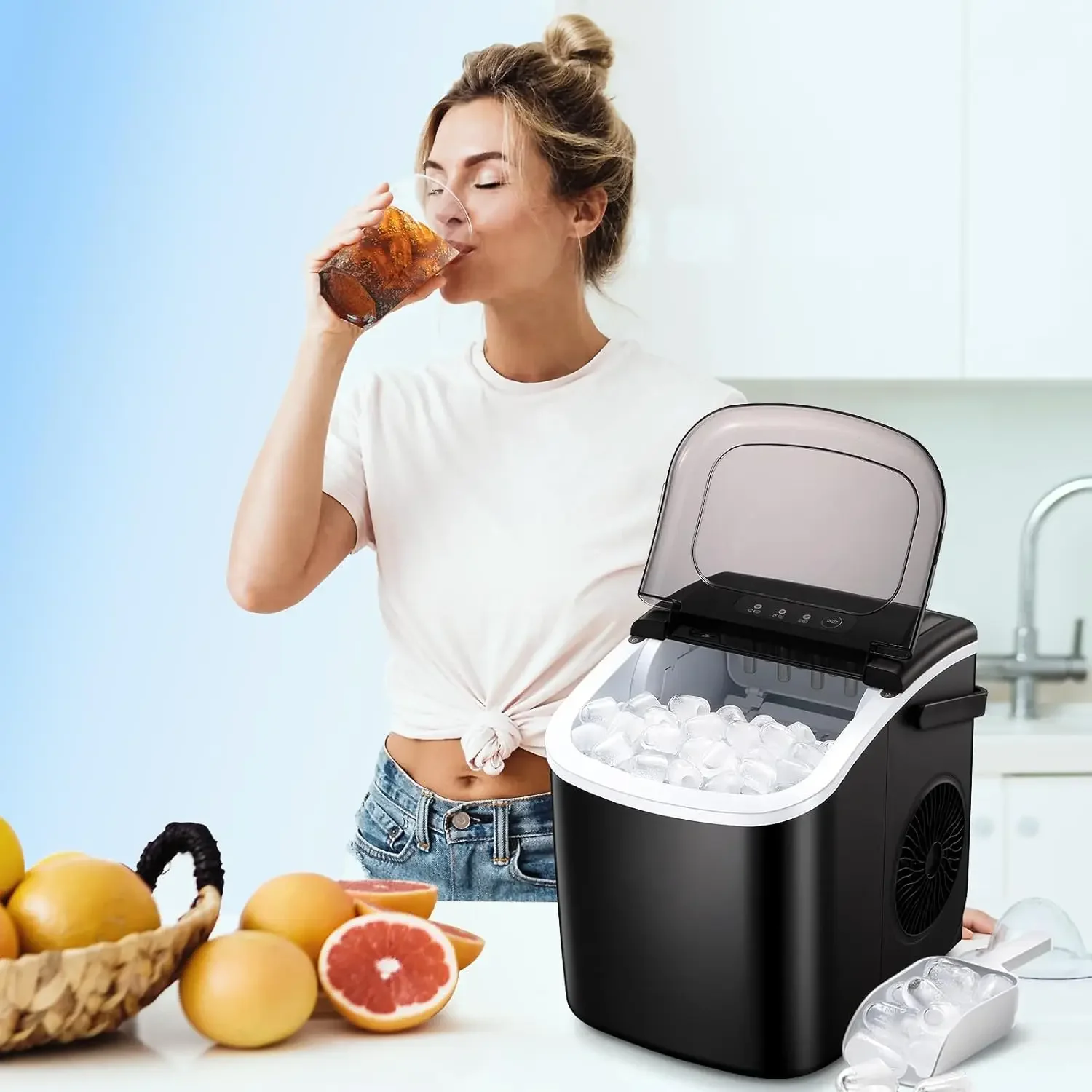 Self-Cleaning Countertop Ice Maker - Efficient 26.5lbs/24Hrs Ice Machine, Quick 9 Ice Cubes in 6 Mins, Convenient Ice Basket and