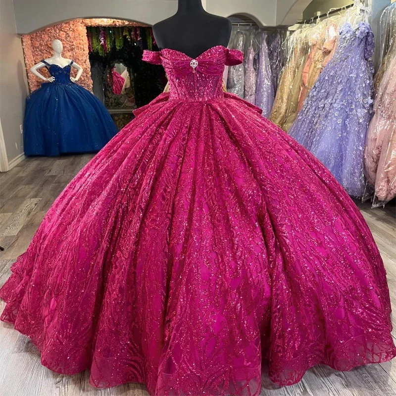 Angelsbridep Customized Off Shoulder Hot Pink Ball Gown Quinceanera Dresses Vestidos 15 Años Quinceañera Lace Up Bow Ballkleider