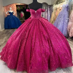 Angelsbridep Customized Off Shoulder Hot Pink Ball Gown Quinceanera Dresses Vestidos 15 Años Quinceañera Lace Up Bow Ballkleider