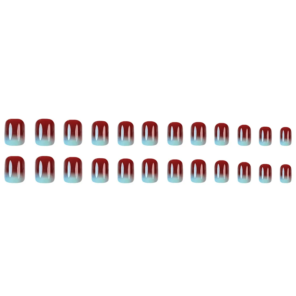 24 pièces Maillard court carré presse sur Falsenails automne hiver Simple bleu dégradé français faux ongles brillant marron Ins manucure