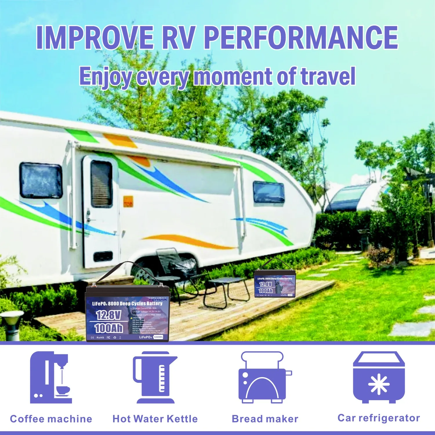 VEMDIA 12V 100Ah LiFePO4 Battery Built-in Intelligent BMS for RV Solar Marine Trolling  Motor  Backup Power