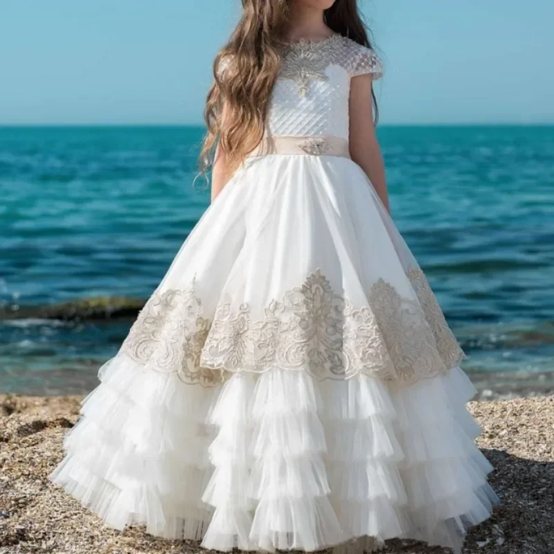 Flower Girl Dresses Lace O-Neck Floor-Length Baby Girl Wedding Princess Pageant Birthday Party First Communion Gown