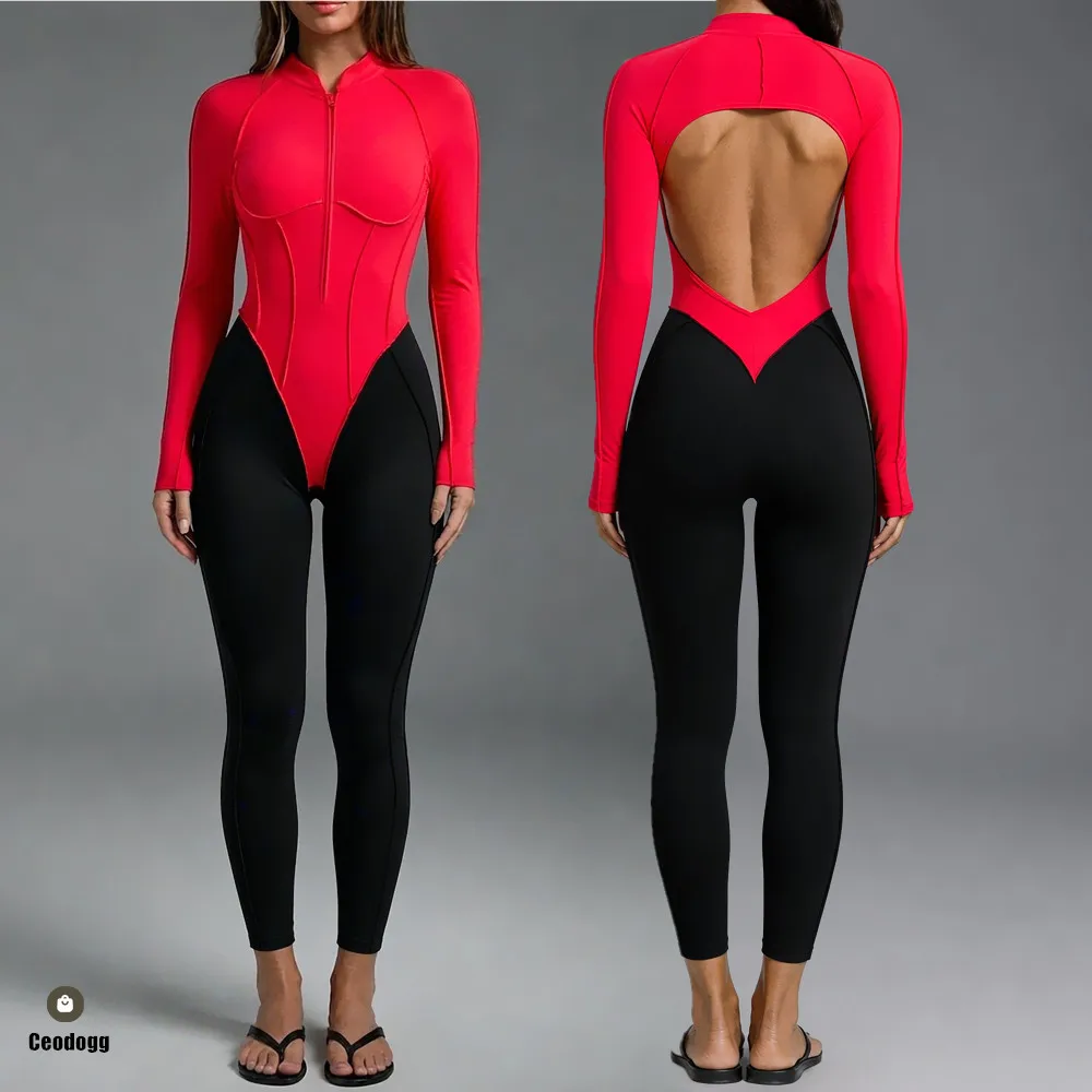 Women Gym Workout Clothes Jumpsuits Color Block Yoga Bodysuit with Zipper Open Back Butt-lifting Outdoor Fitness Activewear XP84