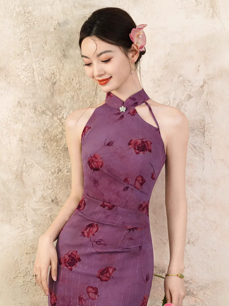 

2025 Summer New Slimming Long Sexy Hanging Neck Green Purple Chinese Style Daily Improved Cheongsam