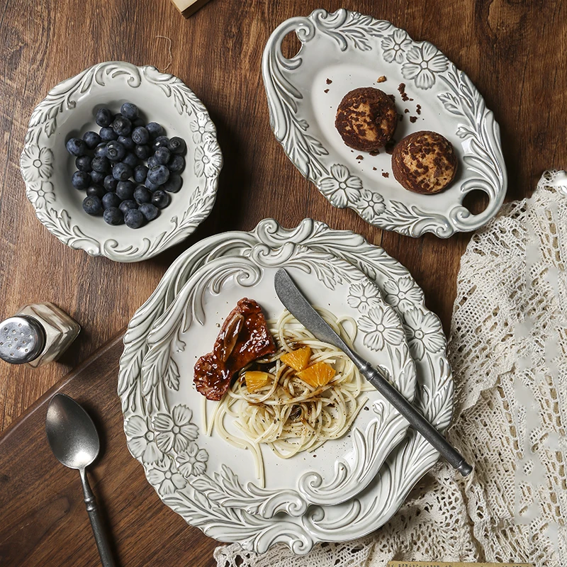 

Тарелка премиум-класса, керамическая тарелка в стиле вестерн, стейк, рельефная десертная тарелка в стиле ретро, миска для фруктов, миска для риса, бинауральная