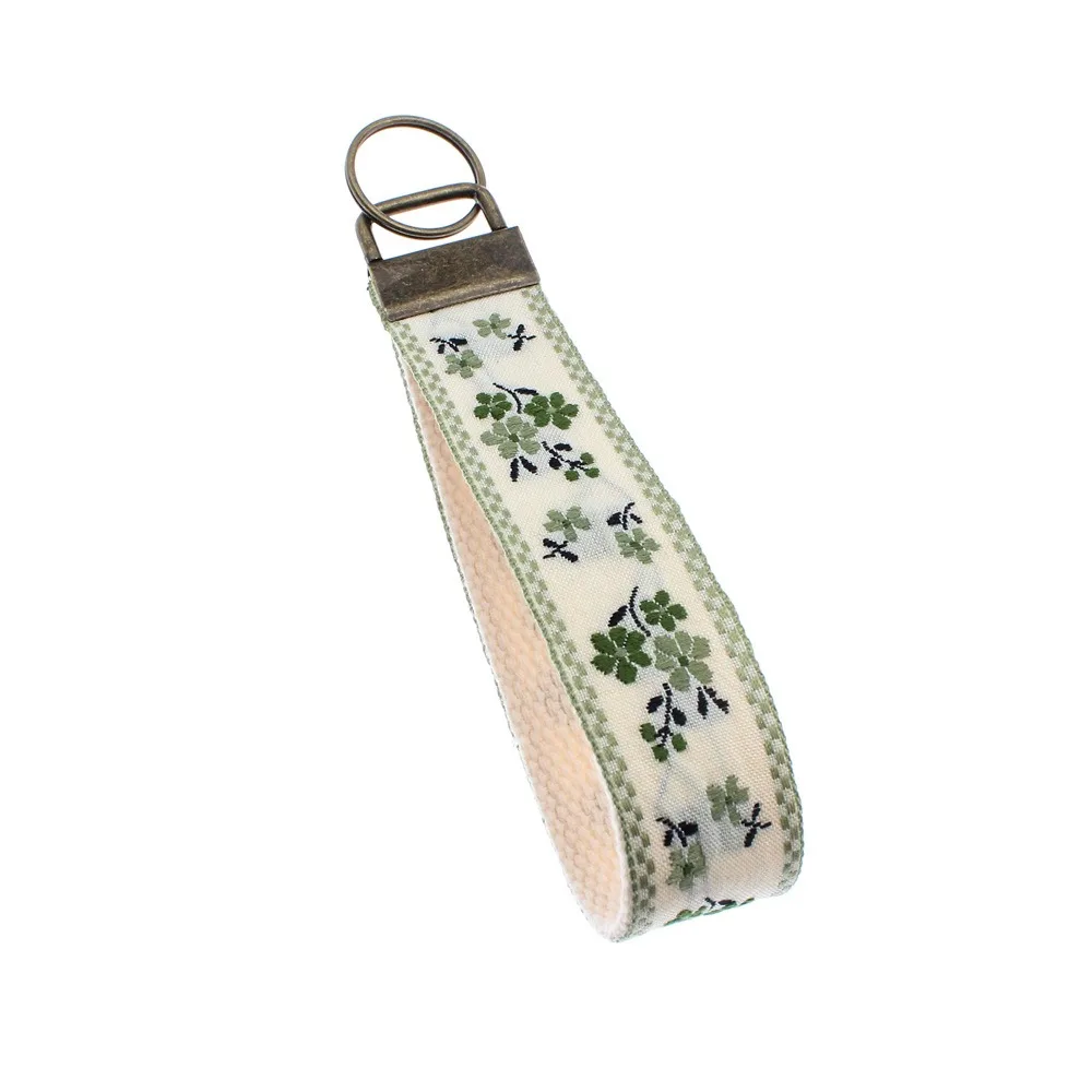Floral Design Embroidered Wristlet Keychain Handmade Floral Embroidery Wristband Accessory Fabric Key Chain Lanyard EDC