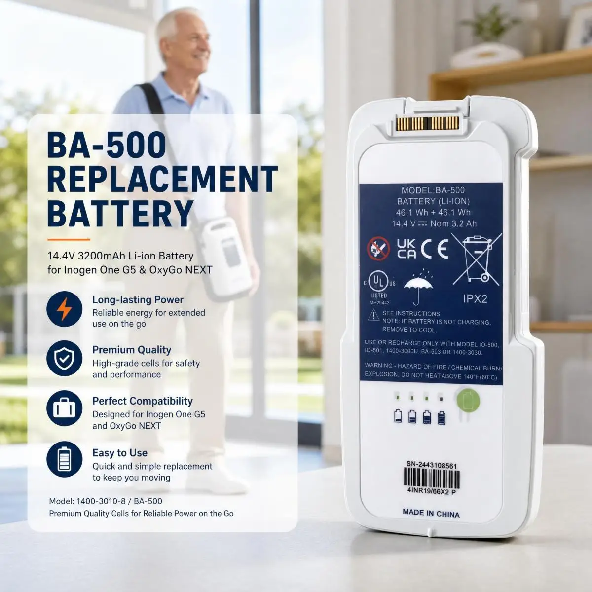 BA-500 1400-3010-8 14.4V 3200mAh Replacement Battery For Inogen One G5 OxyGo NEXT Portable Oxygen Concentrator Generator