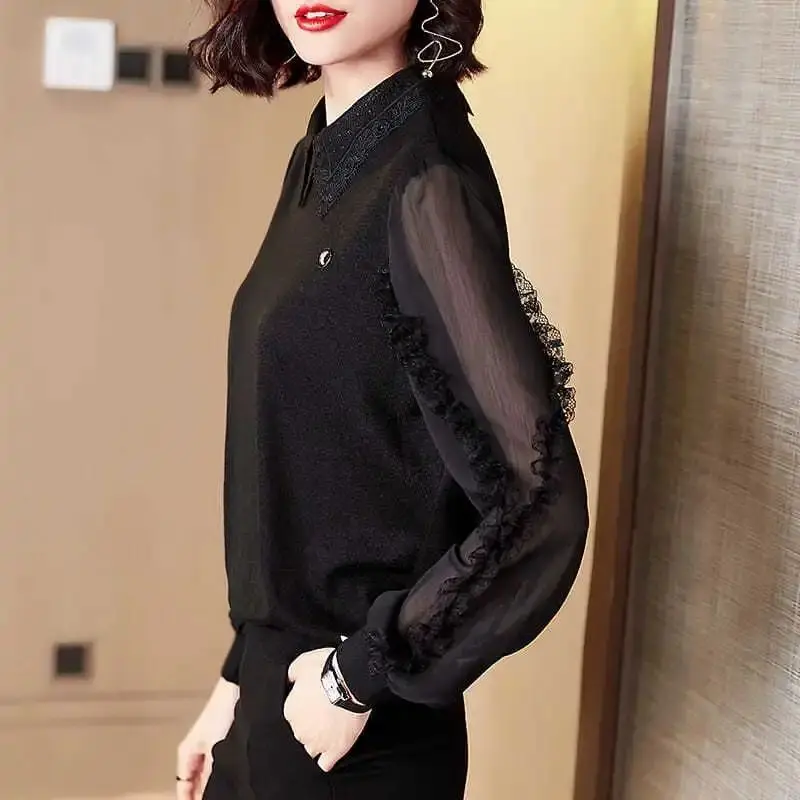 Women Korean Fashion Sexy Sheer Mesh Lace Patchwork Elegant Chic Blouse Female Casual Black Long Sleeve Loose Tops Blusas Mujer