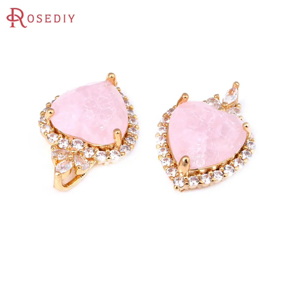2PCS 18K Gold Color Brass and Zircon and Glass Heart Charms Pendants Diy Jewelry Making Supplies Necklace Accessories for Women