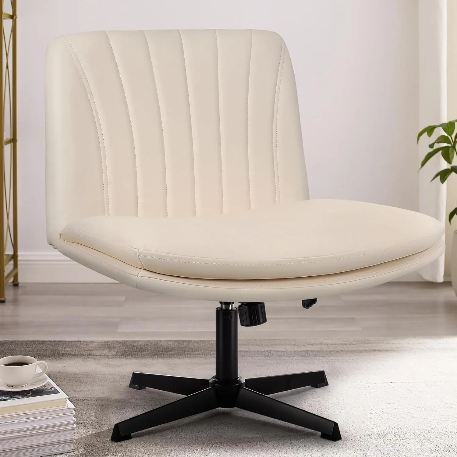 

Criss Cross Legged Office Chair,Armless Office Desk Chair No Wheels,PU Leather Modern Swivel Vanity Chair