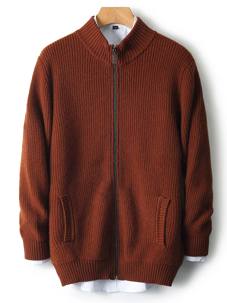 

Осень-зима, новый трикотаж из 100% шерсти, мужской кардиган с воротником-стойкой, свитер на молнии, кашемировое пальто, умный повседневный толстый теплый вязаный свитер