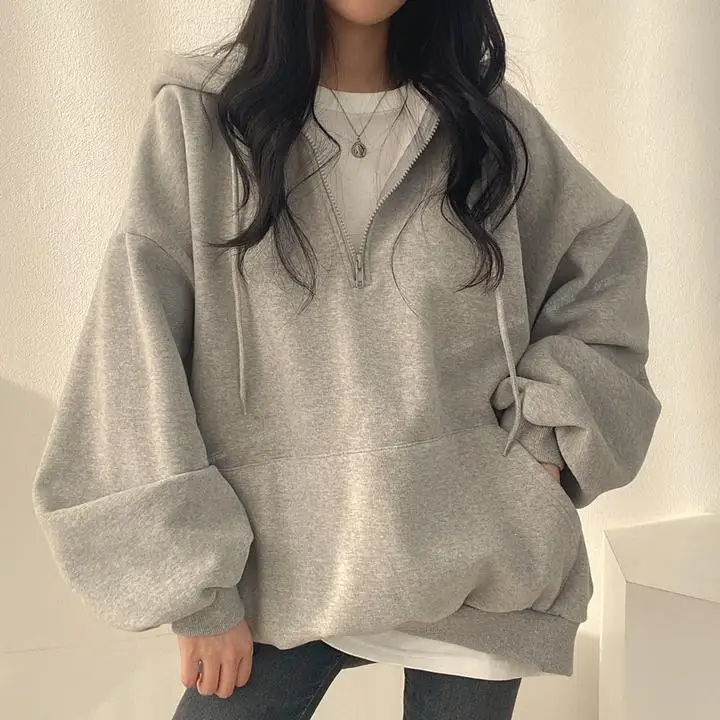 

Zipper high-end hooded sweatshirt women's jacket spring, autumn and winter thin loose bf lazy trend niche plus velvet y2k tops