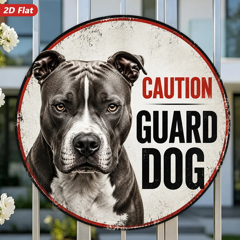 2D Flat, 1pc Guard Dog Warning Round Metal Sign Wall Art, Perfect for Kitchen Workspace Office, Home Decor, Gray Pit Bull Face,