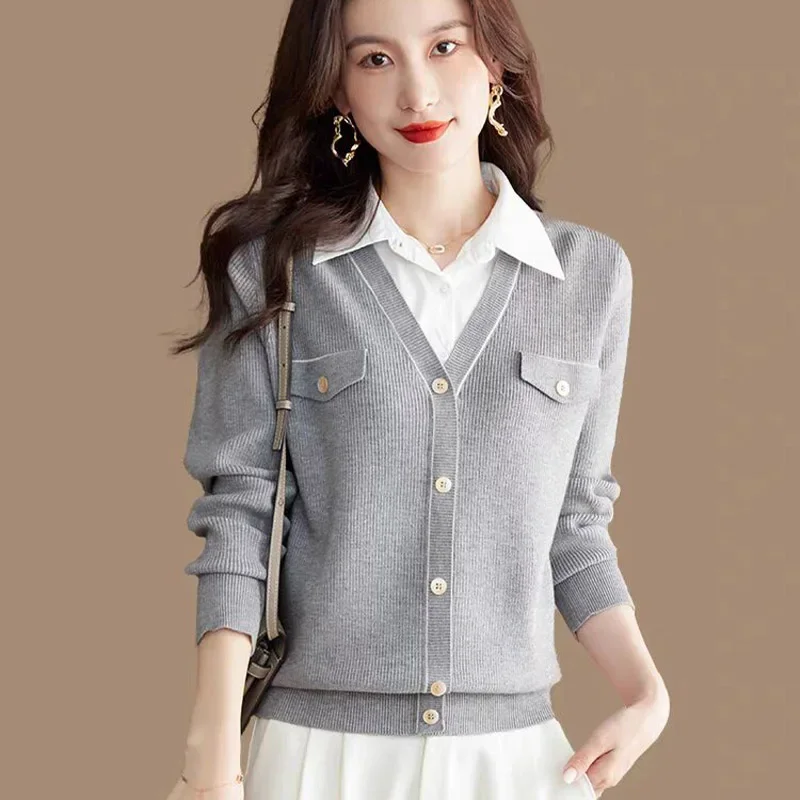 

Autumn New Fake Two Pieces Tops Women Clothing Fashion Shirt Collar Sweater Vintage Casual Slim Knitted Cardigan