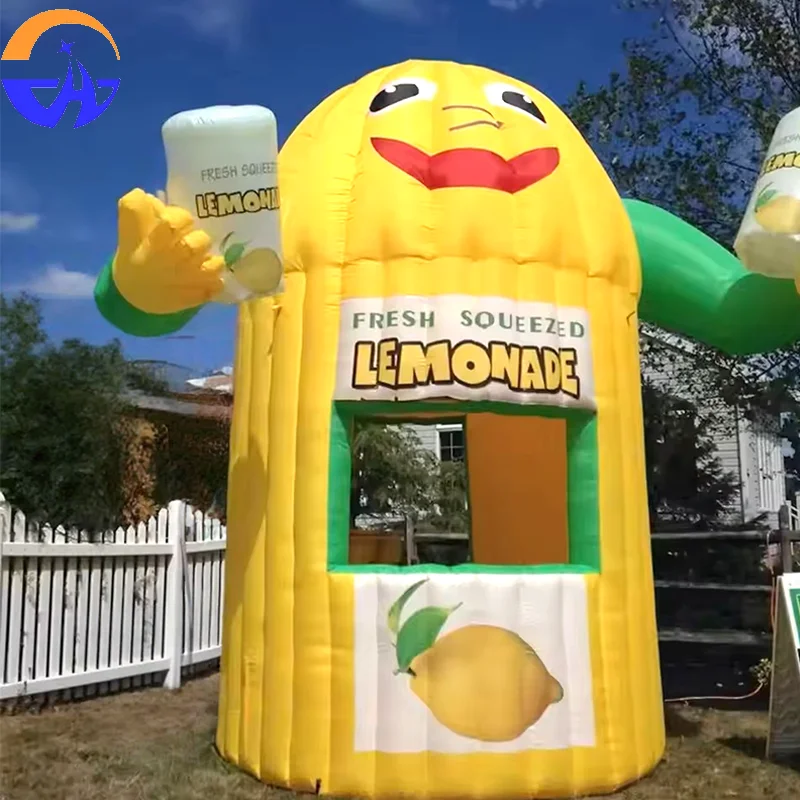 Lindas puestos inflables de limón, soportes para bebidas de limón con manos y contadores de ventas para actividades promocionales
