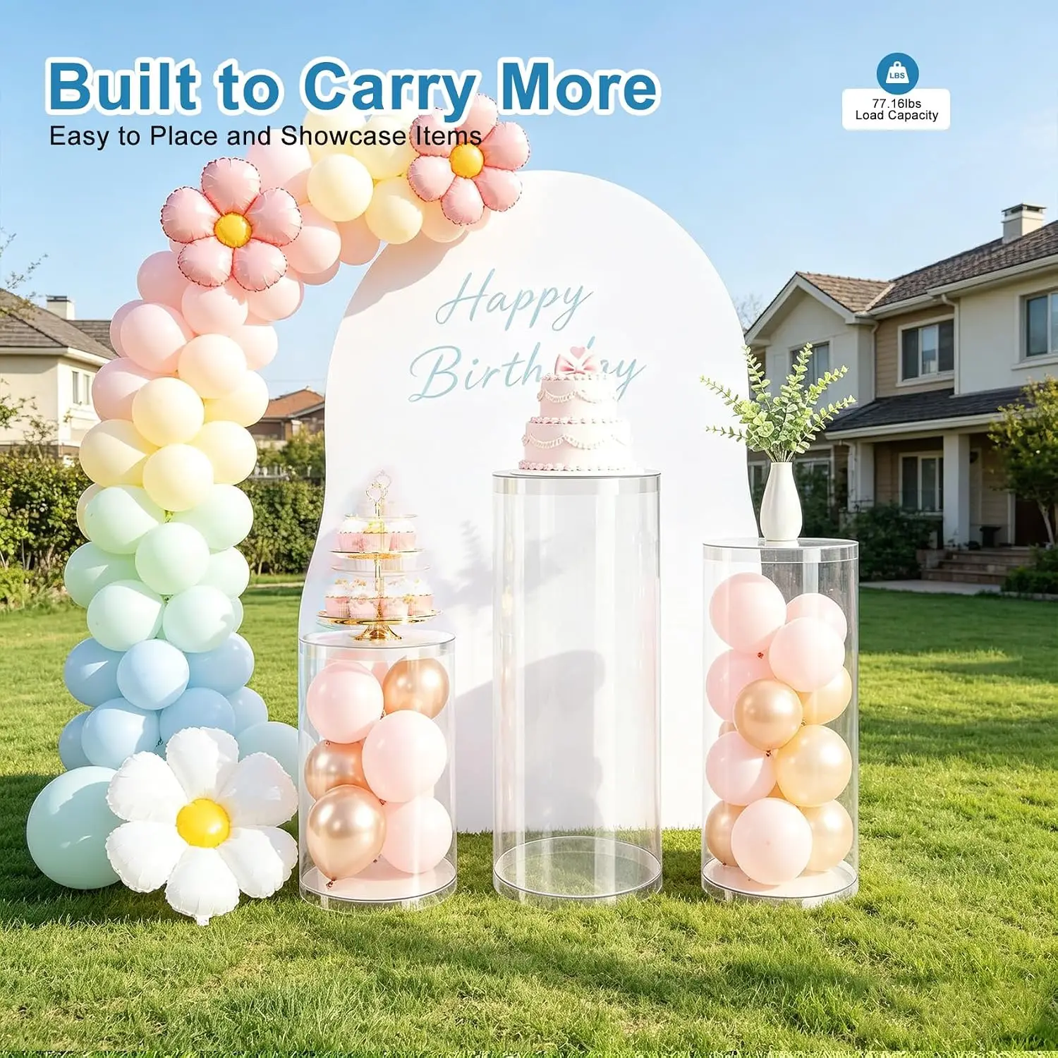 Clear Round Cylinder Pedestal Stands, 3-Piece Set for Weddings, Birthdays, Bridal and Baby Showers, Parties, 23.6, 29.5 and 35.4 Inches