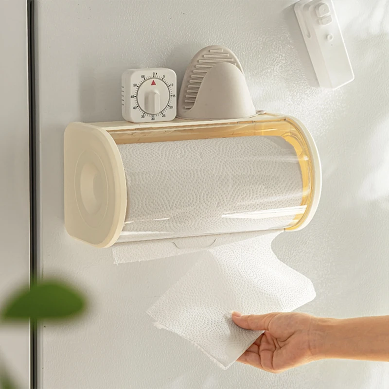 Bathroom Paper Towel Organizer Large Roll Wall Mount Holder With Clear Dustproof Cover Modern Tissue Dispenser Storage