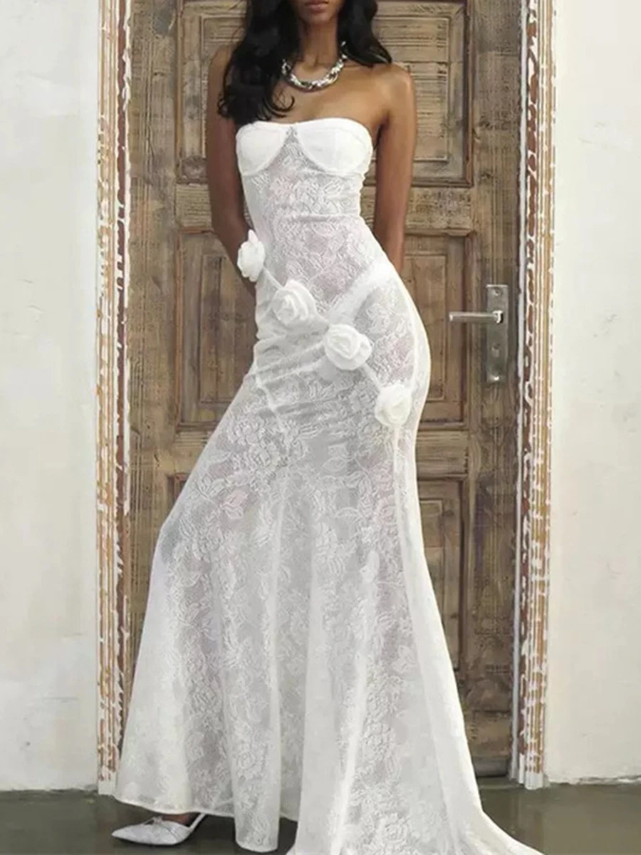 TWOTWINSTYLE Slimming Sheer Spliced Lace Sexy Long Dresses for Women Strapless Sleeveless Patchwork 3D Flower Dress Female New