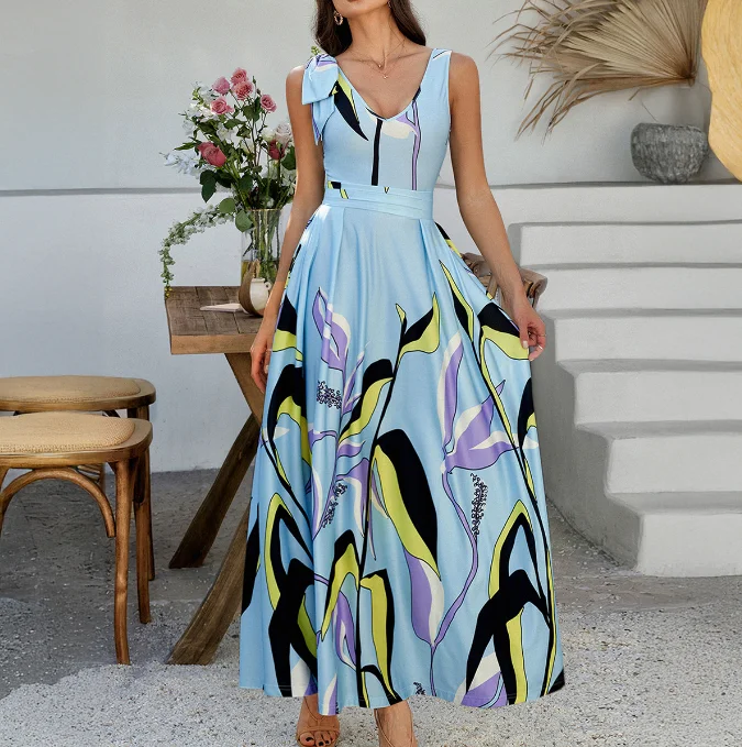 

Women's Vacation Beach Dress 2025 Summer Leisure Vacation Printed Contrasting Sleep High Waisted Maxi Loose A-Line Casual Dress