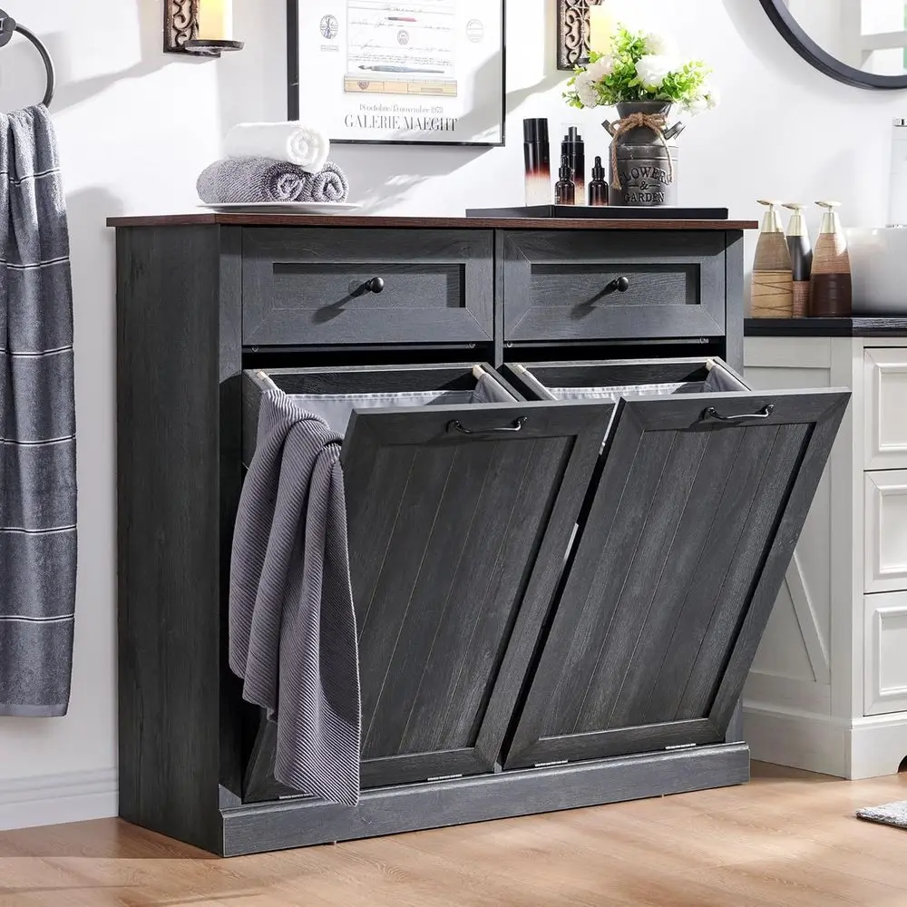 

20 Gallon Double Laundry Hamper and Trash Can Cabinet with Storage Basket, Grey