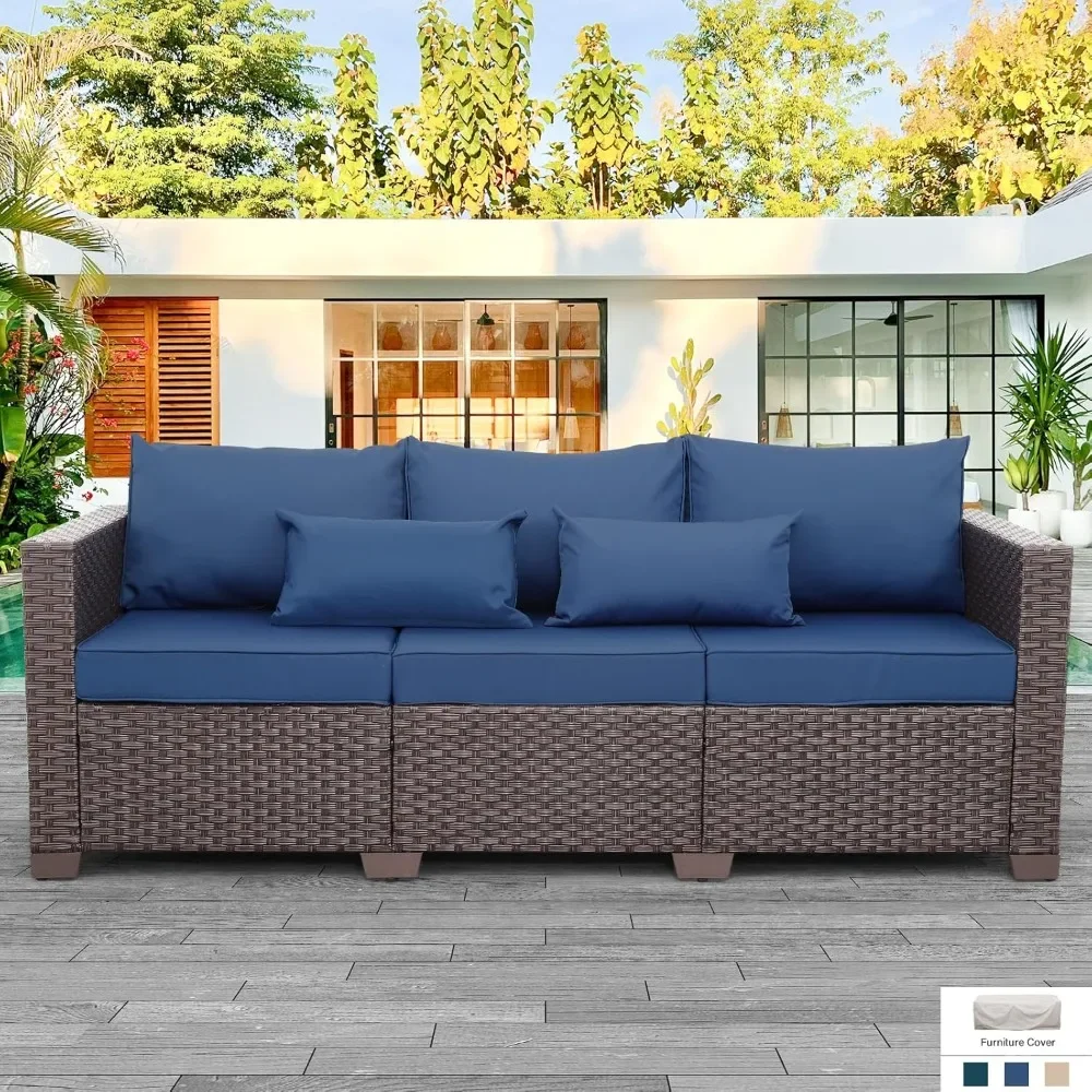 3 Seater Outdoor Brown Wicker Sofa, Deep Seat High Backrest, Non-Slip Cushions, Waterproof Cover