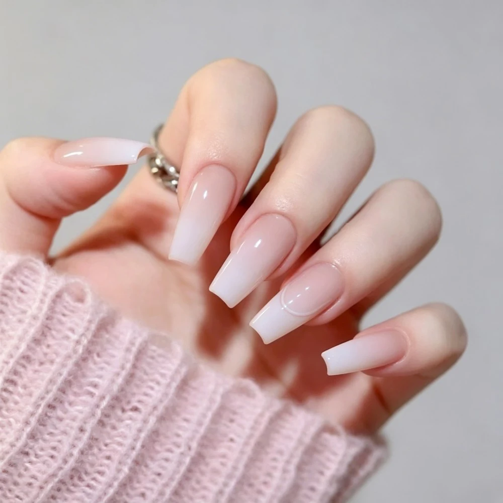24pcs/Box Long Coffin False Nails Art Rose with Glue Wearable Nude Pink White Color Jelly Nails Tips Full Cover Press on Nails view 4
