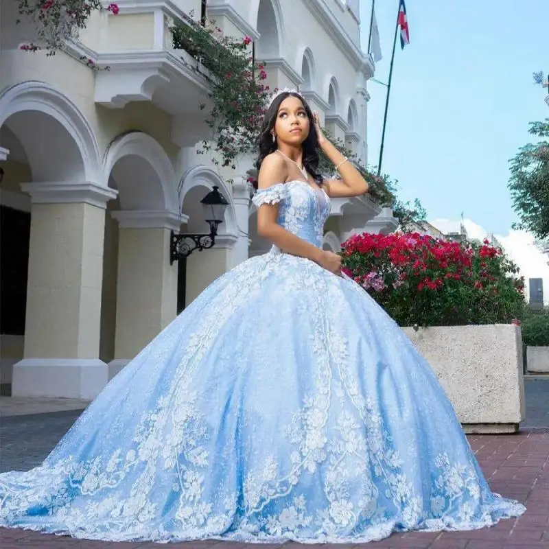 

Sky Blue Ball Gown Quinceanera Dresses 2025 White Lace Appliques Sweet 16 Dress Elegant Sweetheart Vestido De 15 Anos