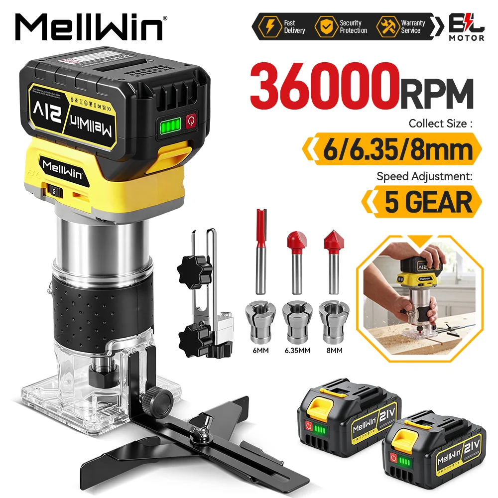 MELLWIN Bürstenloser Elektro-Holzfräser mit 5 Geschwindigkeiten, kabelloser Elektro-Trimmer zum Holztrimmen und Gravieren, kompatibel mit Makita 18V Akku.