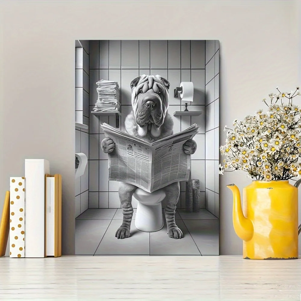 1pc Shar Pei Funny Bathroom Decor Canvas Painting, 2D Flat Wooden Frame Wall Art, Ready to Hang, Perfect Holiday Gift for Him