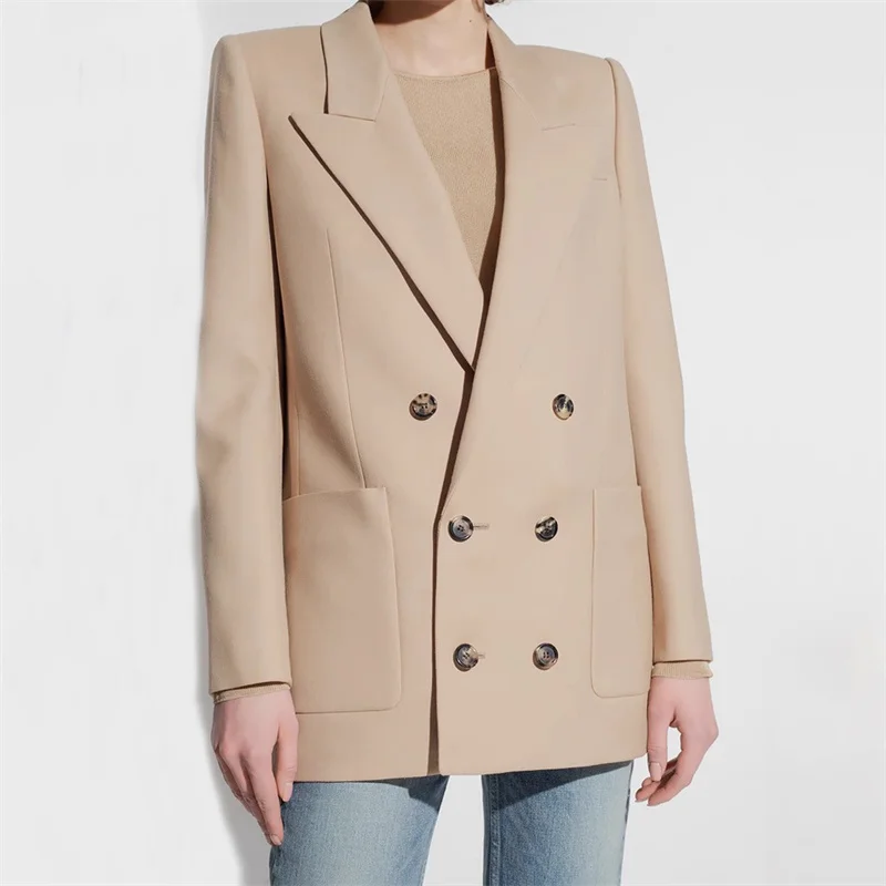 

women's blazers 2024 autumn new outerwears double breasted slim fit women's suit jacket High quality wool blend long sleeved top