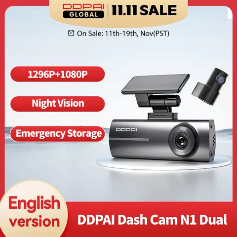 DDPAI Dash Cam  N1 Dual Front & Rear Recording NightVIS 1296P Dash Cam Recorder Car DVR   App Control