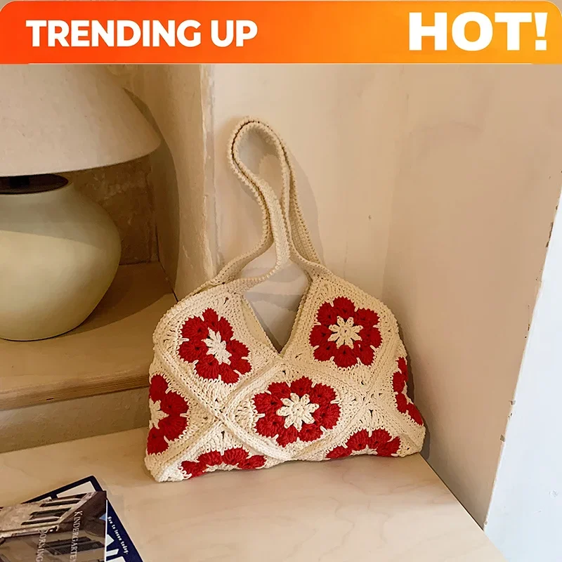 2026 New Red White Color Block Granny Square Crochet Shoulder Bag For Women Niche Design Sense Hand Woven Exquisite Underarm Bag