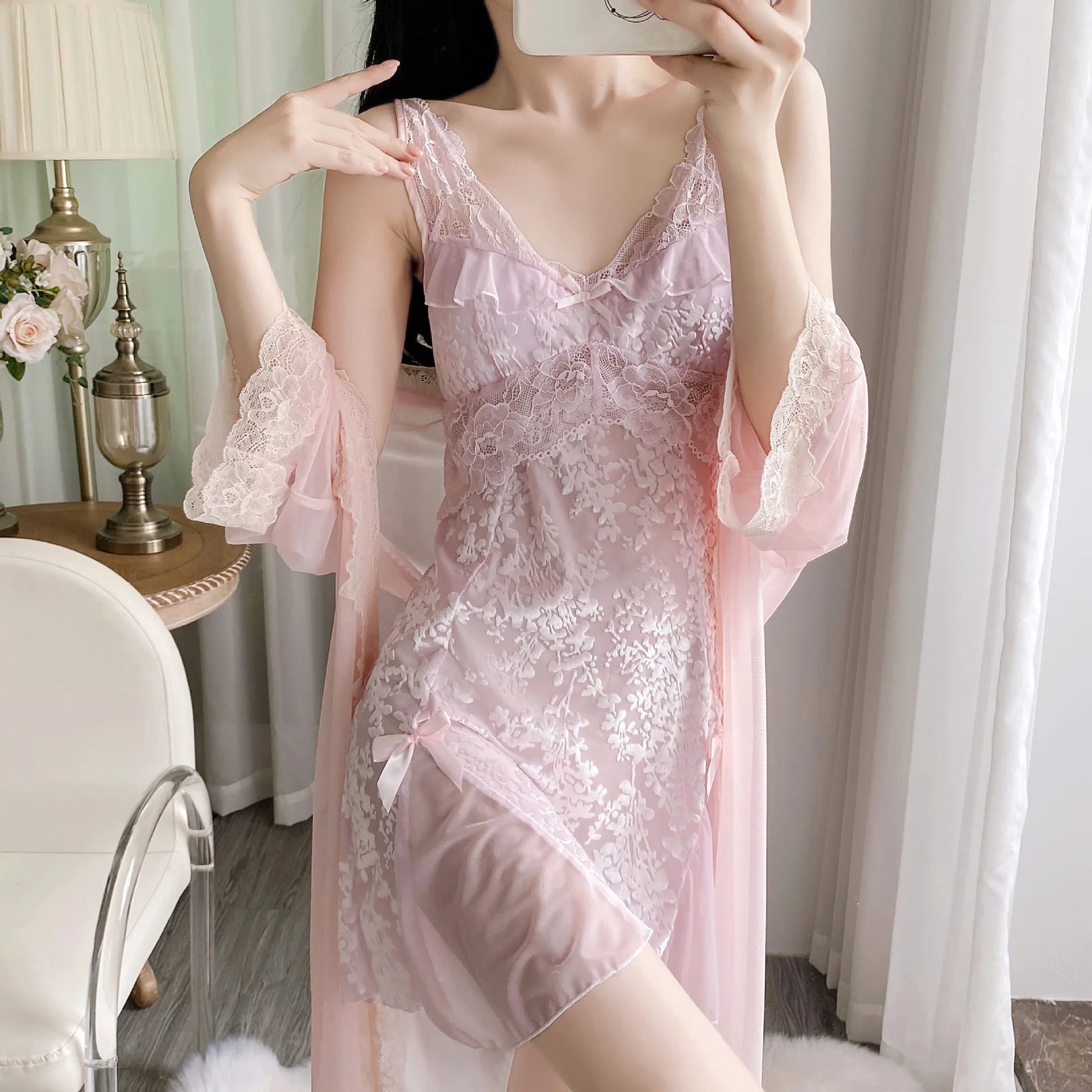 

Sexy Jacquard Female Nighty&Robe Set Lingerie Ice Silk Sleepwear Home Dress Elegant Loose Nightwear Nightgown Pajama