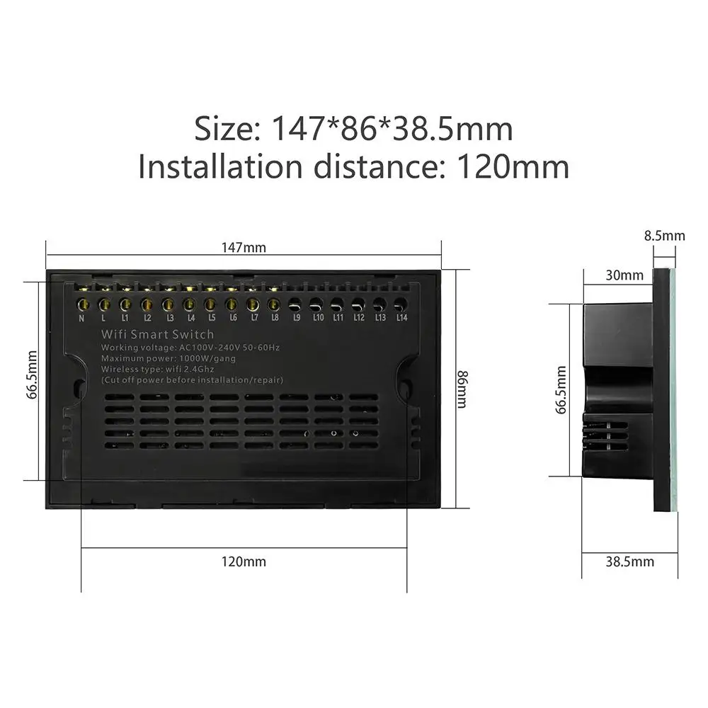 Interruptor de pared inteligente con Wifi, Panel de cristal con Control de 2 vías, 8 entradas, 147x86mm, aplicación SmartLife, Alexa y Google Home,