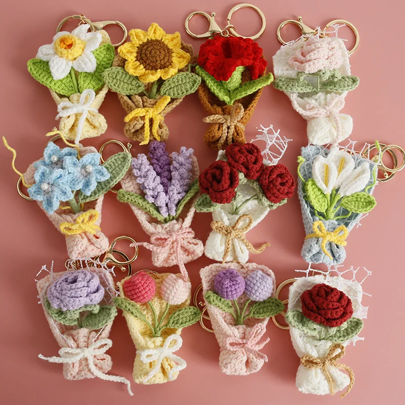 8cm Stuffed Plants Sunflowers Roses Tulip Carnatio Handmade Crochet Keychains Small Pendant Backpack Hangings Christmas Gifts