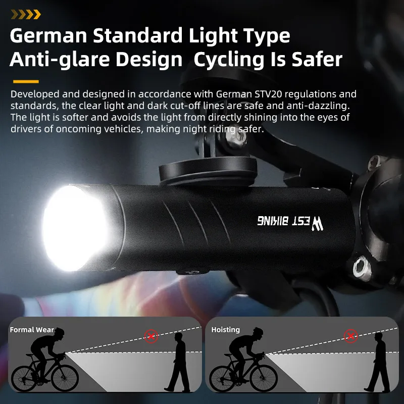 WEST BIKING 1200/1500LM Bike Front Light Rotate Lens Waterproof Bicycle Temperature Control Light Flashlight Cycling Headlight