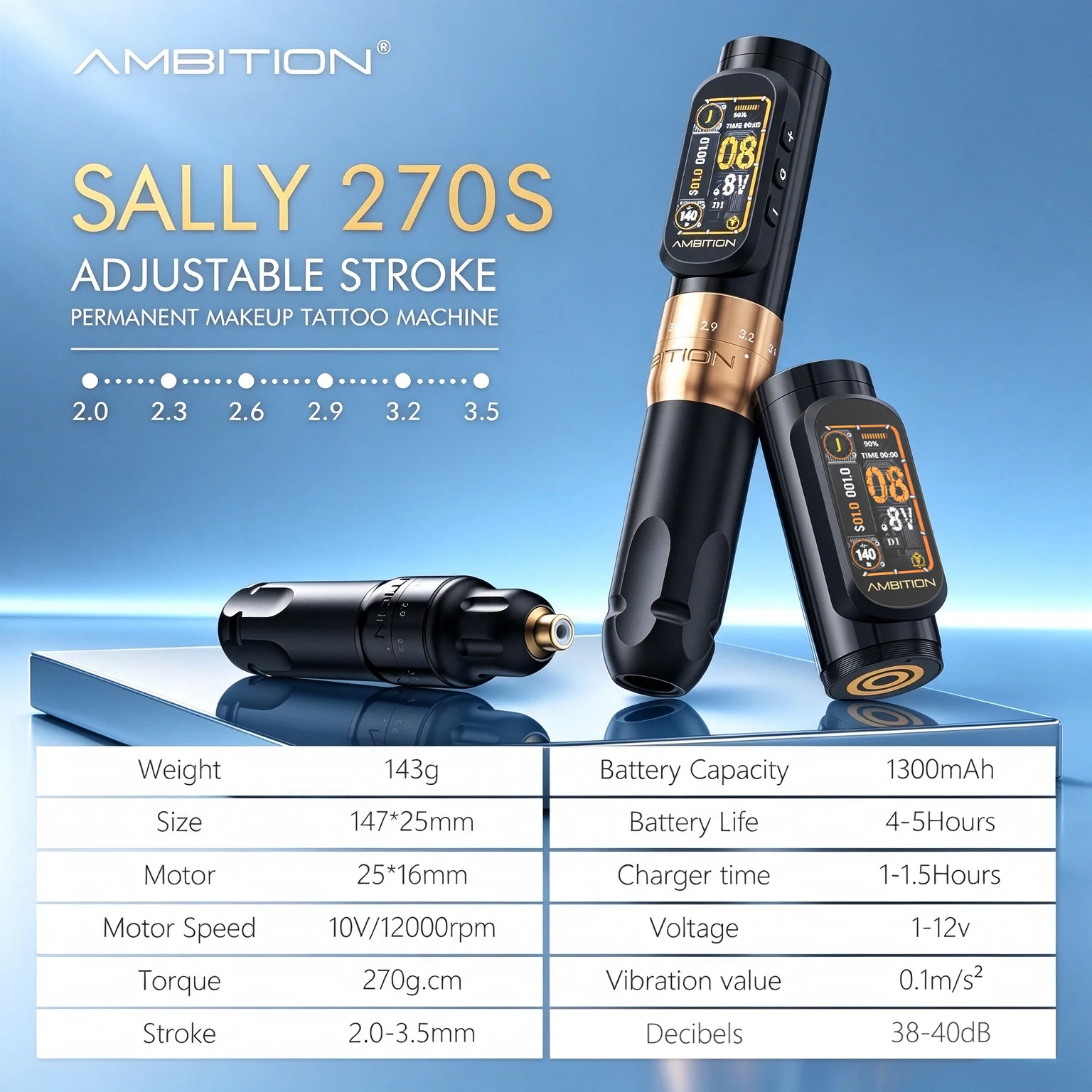 Ambition Sally 270S Kit Adjustable Stroke 2.0-3.5mm Permanent Makeup Wireless Tattoo Machine Set Coreless Motor Rotary Supply