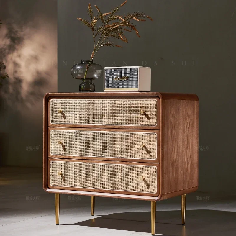 

Nordic Solid Wood Chest of Drawers Simple Modern Storage Cabinet Multifunctional Bedside Table Rattan Storage Cabinet