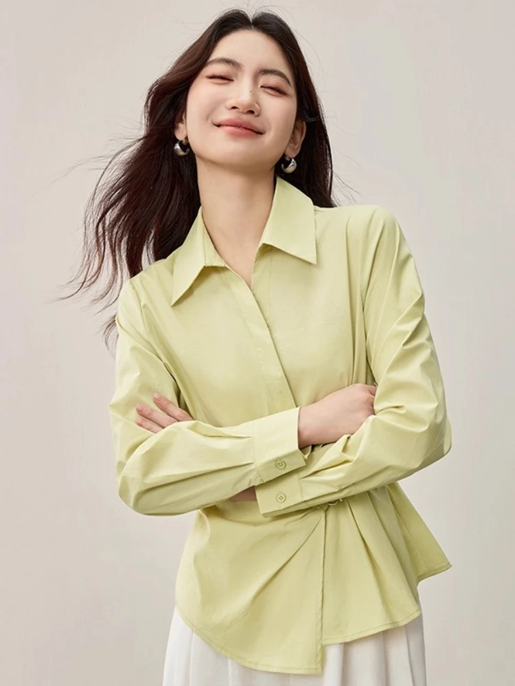 SENTUBILA Designer Shirt 2025 Women's Autumn New Turn-down Asymmetrical Shirring Buckle Long-sleeved Tops Elegant W53CA2861