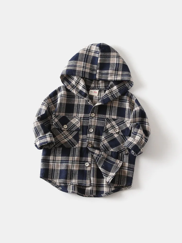 

Весенне-осенняя детская одежда для мальчиков, темно-синие клетчатые рубашки, детская рубашка с капюшоном, топ, модная детская праздничная одежда, От 2 до 8 лет