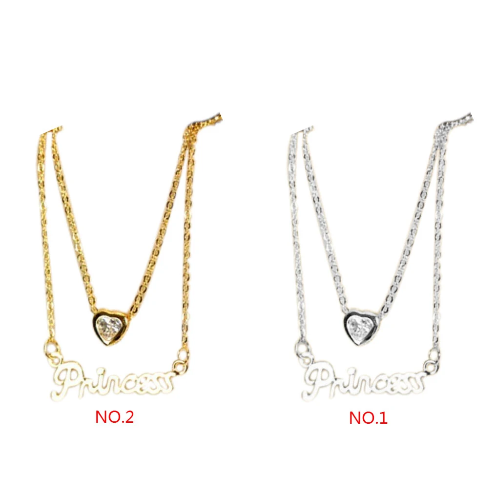 Women Heart Princess Pattern Necklace Lady Girl Zircon Neck Pendant Double Layers Jewelry