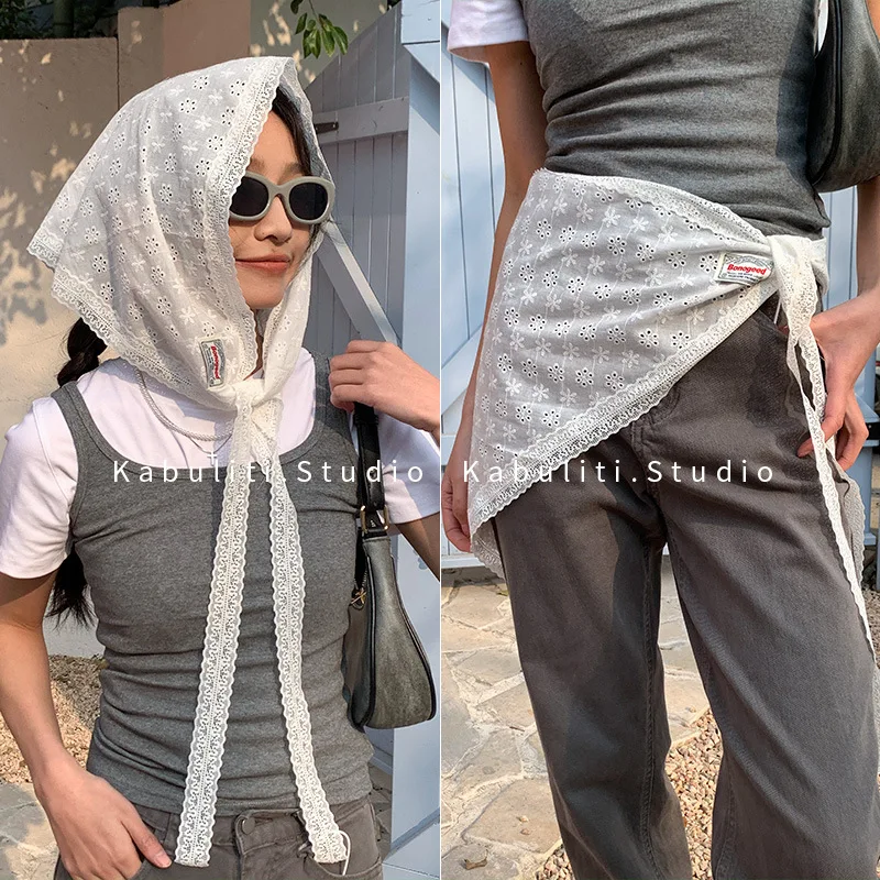 Premium Lace Hollow Out Triangle Scarf Korean Style for Women Slimming Versatile Layered Bandana Soft Breathable Daily Wear