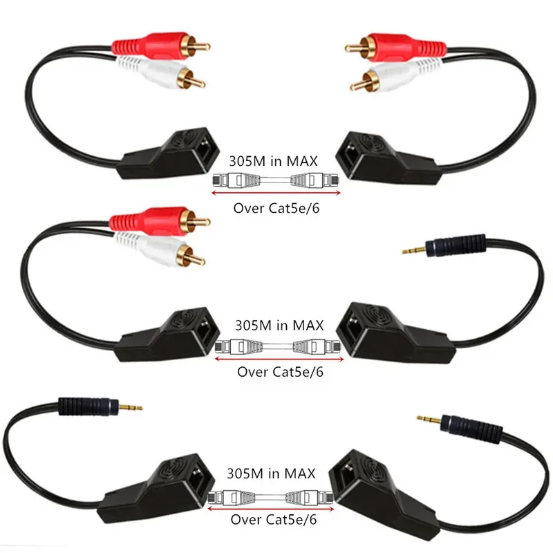 Stereo DC3.5mm Stereo and RCA Red White Audio Signal Balun Over Cat5/6 Cable 2 pcs/set