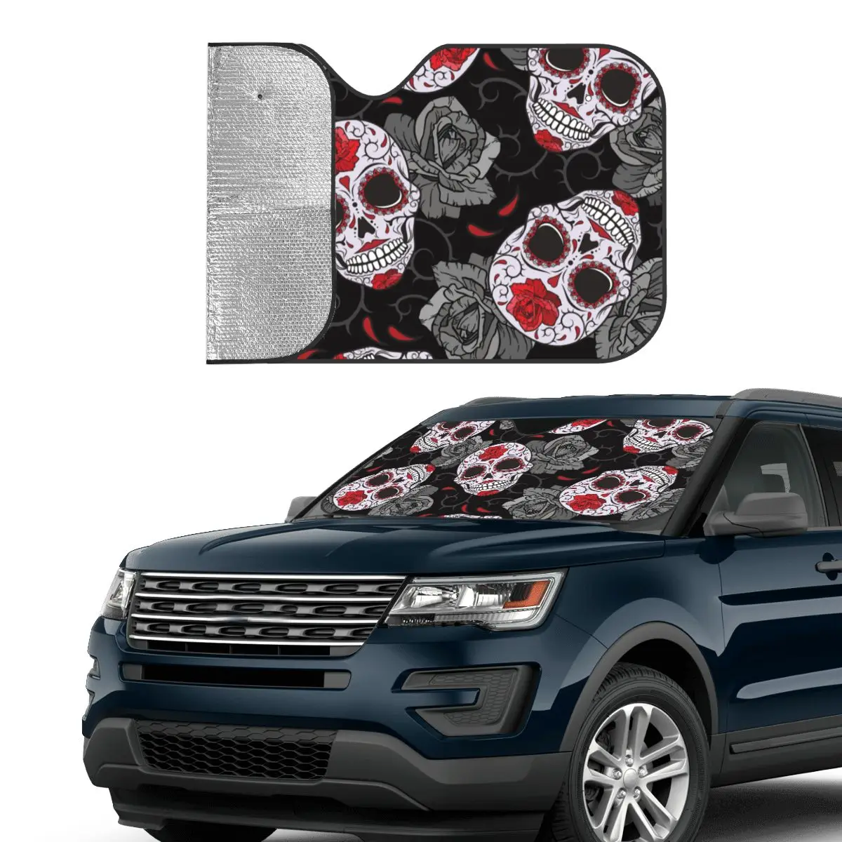 Sugar Skull Rose Halloween Windshield Sunshade Gothic Day of the Dead Car Front Windshield Sun Visor Blinds Sun Shade Protect