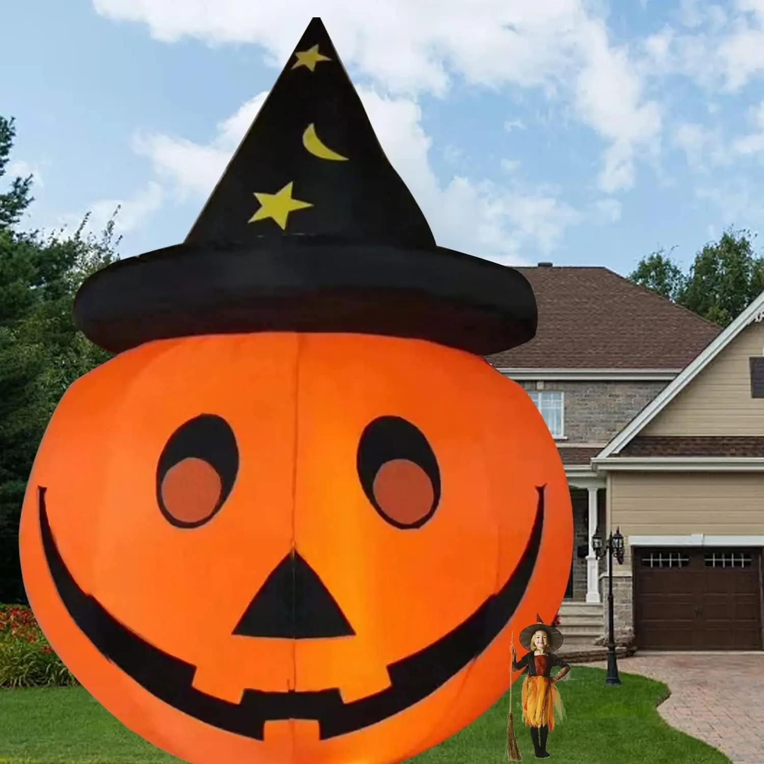 Halloween Inflatables Pumpkins with Witches Hat Outdoor Halloween Decorations with LED for Yard, Garden, Lawn