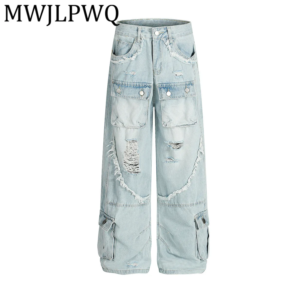 MWJLPWQ بنمط RO الأمريكي مغسول متعدد الجيوب جينز رجالي عالي الشارع بتصميم حافة خشنة بنطال ذو قصة أرجل واسعة لخريف 2025 جديد 21310