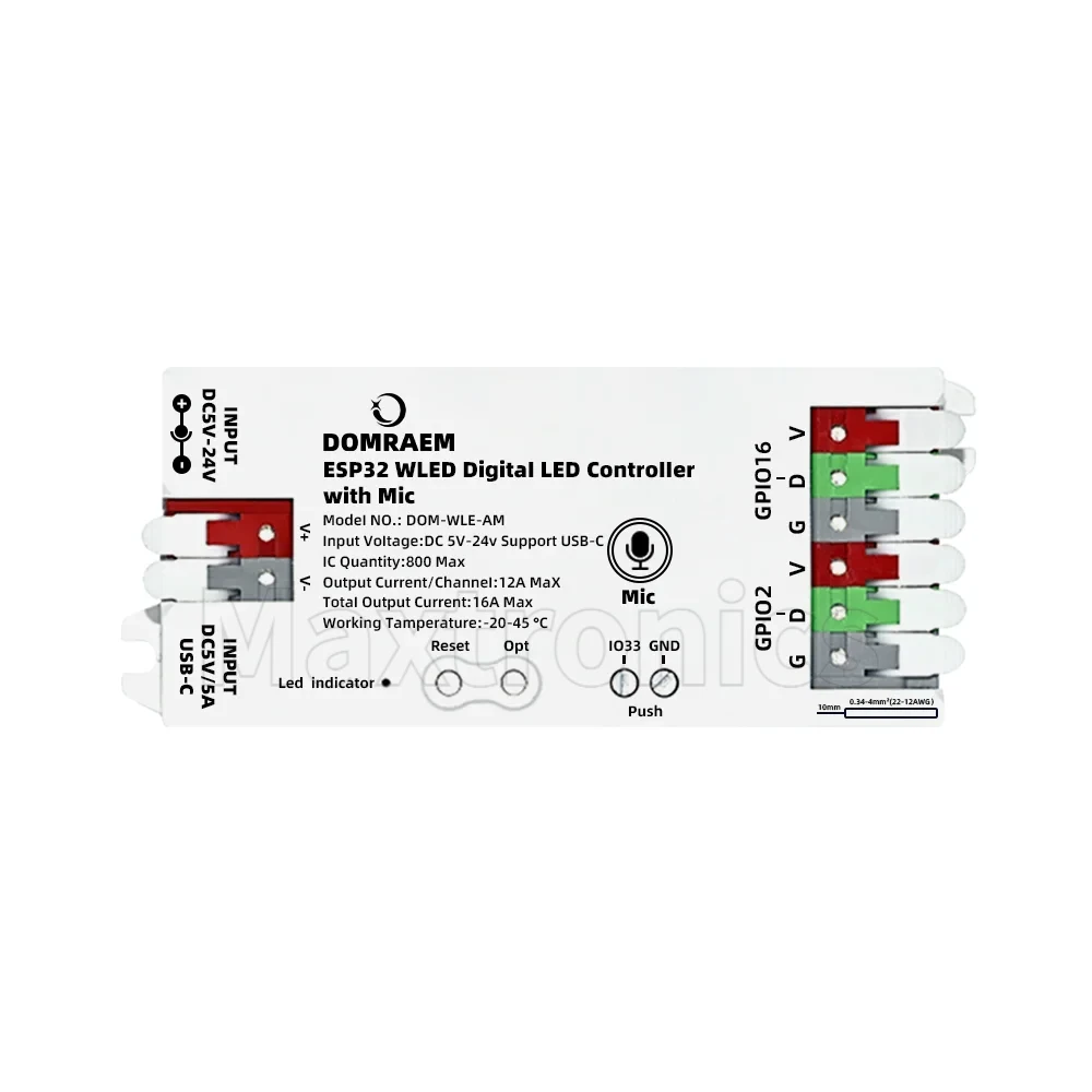 NEW WLED ESP32 LED Strip Controller with 16A Max Home Assistant WS2811 WS2812B SK6812 music Mic USB-C 5V Plug Play 2 Outputs