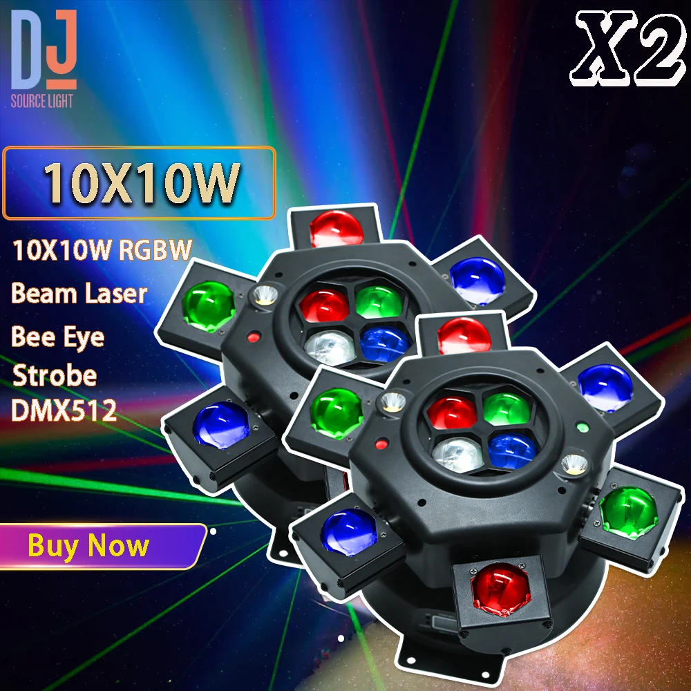 2Pcs/lot New 10X10W RGBW Moving Head Light Bee Eye Beam RG Laser Strobe Stage Lights DMX512 For Dj Disco Party Stage Effect Lamp